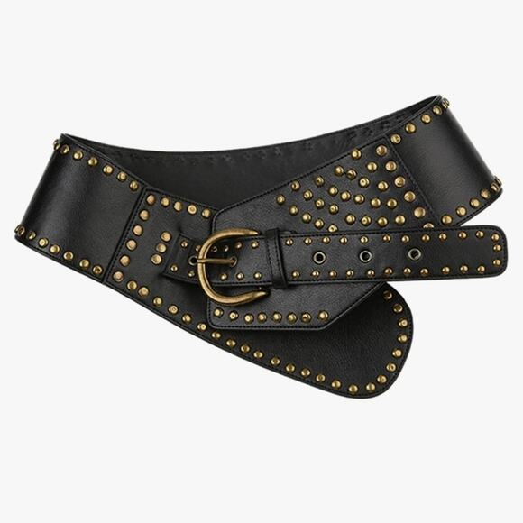 Black Wide Studded Leather Belt Waist Cinch Belt with Antique Gold Buckle main image 7